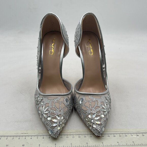 XYD Silver Bride Shoes for Wedding Day High Heel D'Orsay Slip On Studded Pumps - Picture 2 of 7